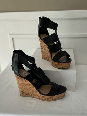 Steve Madden Black Cork Platform Wedges